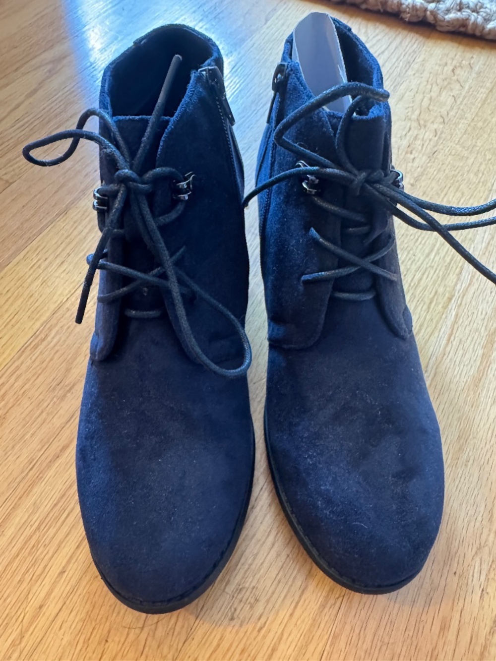 New Navy blue suede tie up bootie with short heel